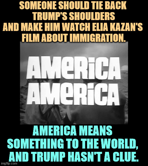 SOMEONE SHOULD TIE BACK 
TRUMP'S SHOULDERS AND MAKE HIM WATCH ELIA KAZAN'S 
FILM ABOUT IMMIGRATION. AMERICA MEANS 
SOMETHING TO THE WORLD, 
AND TRUMP HASN'T A CLUE. | image tagged in america,immigrants,trump,idiocy,retirement | made w/ Imgflip meme maker