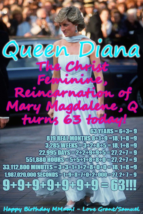 Happy Birthday Queen Diana | The Christ Feminine, Reincarnation of Mary Magdalene, Q
 turns 63 today! Queen Diana; 63 YEARS = 6+3= 9
819 REAL MONTHS 8+1+9 =18, 1+8 =9
3,285 WEEKS = 3+2+8+5 = 18, 1+8 =9
22,995 DAYS = 2+2+9+9+5 = 27, 2+7 = 9
551,880 HOURS = 5+5+1+8+8+0 = 27, 2+7 = 9
33,112,800 MINUTES = 3+3+1+1+2+8+0+0 = 18, 1+8 =9; 9+9+9+9+9+9+9 = 63!!! 1,987,020,000 SECONDS = 1+9+8+7+0+2+000 = 27, 2+ 7 = 9; Happy Birthday MMum! - Love Grant/Samuel | image tagged in diana,queen diana,q,princess diana,diana birthday,diana mary magdalene | made w/ Imgflip meme maker