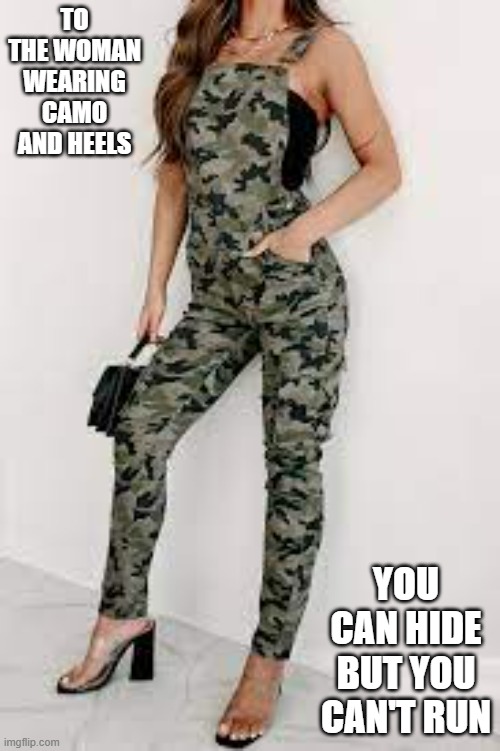 memes by Brad - woman in camo and heals - you can hide but you can't run | TO THE WOMAN WEARING CAMO AND HEELS; YOU CAN HIDE BUT YOU CAN'T RUN | image tagged in funny,fun,funny meme,camouflage,humor | made w/ Imgflip meme maker