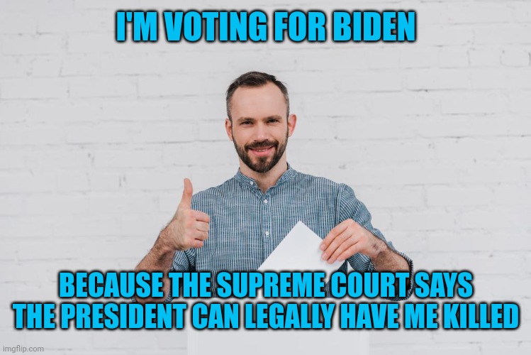 Temporary stopgap measure | I'M VOTING FOR BIDEN; BECAUSE THE SUPREME COURT SAYS THE PRESIDENT CAN LEGALLY HAVE ME KILLED | image tagged in i don't trust biden to do the right thing,i trust trump to do the wrong thing | made w/ Imgflip meme maker
