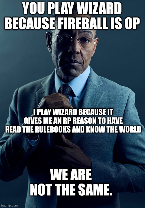 Gus Fring we are not the same | YOU PLAY WIZARD BECAUSE FIREBALL IS OP; I PLAY WIZARD BECAUSE IT GIVES ME AN RP REASON TO HAVE READ THE RULEBOOKS AND KNOW THE WORLD; WE ARE NOT THE SAME. | image tagged in gus fring we are not the same | made w/ Imgflip meme maker