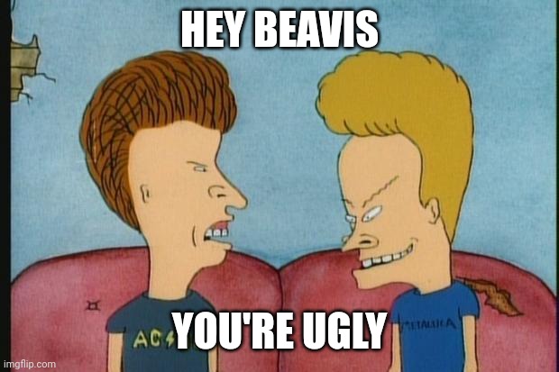 Hey Beavis | HEY BEAVIS; YOU'RE UGLY | image tagged in beavis-and-butthead,funny memes | made w/ Imgflip meme maker
