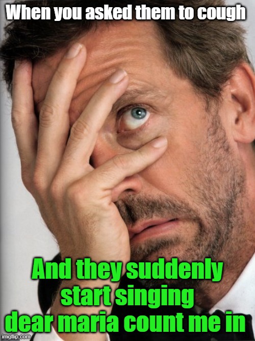 Wonder if i should try this | When you asked them to cough; And they suddenly start singing dear maria count me in | image tagged in dr house facepalm | made w/ Imgflip meme maker