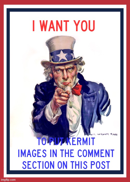 I want you (Uncle Sam) | I WANT YOU; TO PUT KERMIT IMAGES IN THE COMMENT SECTION ON THIS POST | image tagged in i want you uncle sam | made w/ Imgflip meme maker