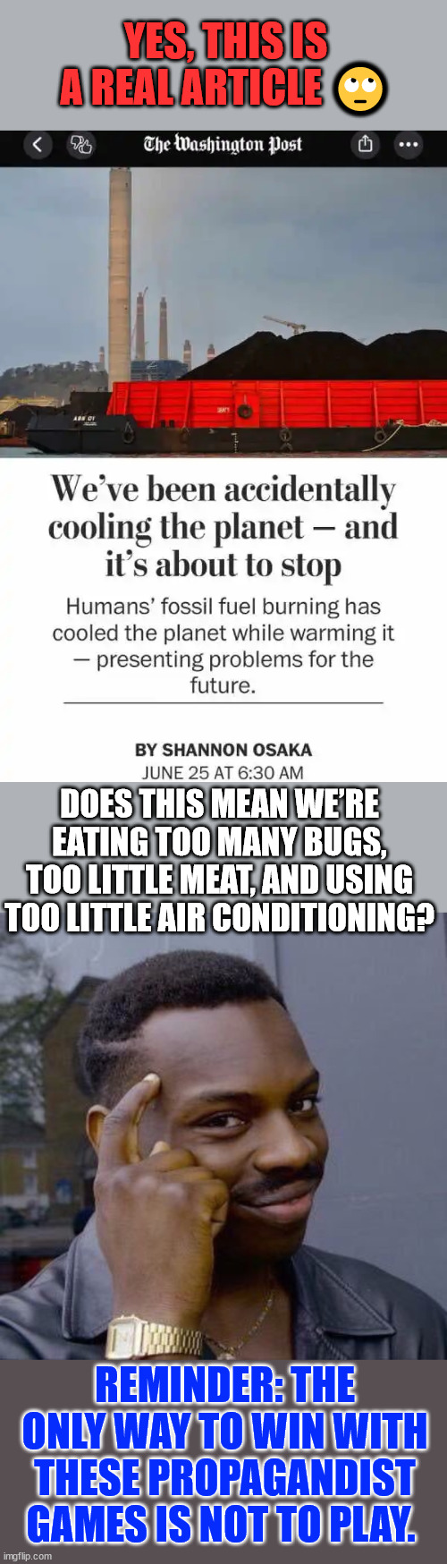 Remember is all started out as Global Warming... | YES, THIS IS A REAL ARTICLE 🙄; DOES THIS MEAN WE’RE EATING TOO MANY BUGS, TOO LITTLE MEAT, AND USING TOO LITTLE AIR CONDITIONING? REMINDER: THE ONLY WAY TO WIN WITH THESE PROPAGANDIST GAMES IS NOT TO PLAY. | image tagged in thinking black guy,globull warming,hoax,do not fall for it,redistribute the wealth plan | made w/ Imgflip meme maker