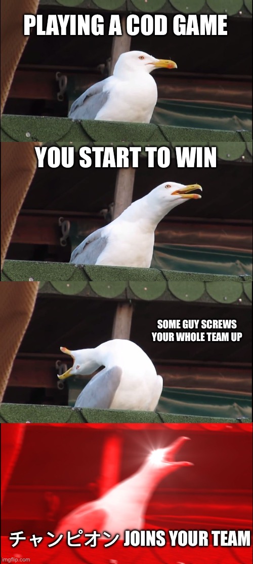 CoD | PLAYING A COD GAME; YOU START TO WIN; SOME GUY SCREWS YOUR WHOLE TEAM UP; チャンピオン JOINS YOUR TEAM | image tagged in memes,inhaling seagull | made w/ Imgflip meme maker