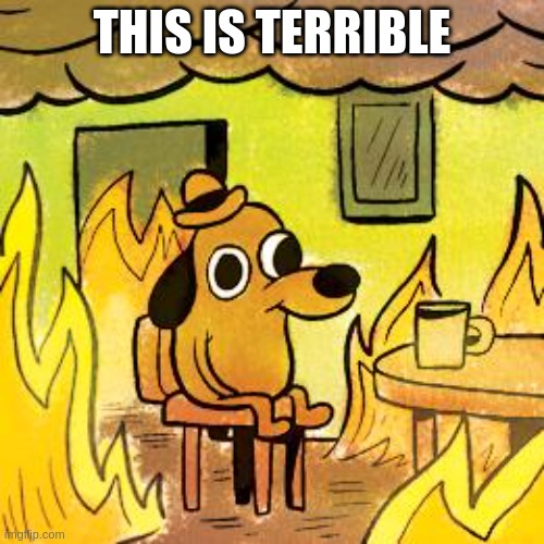 Dog in burning house: "THIS IS TERRIBLE" | THIS IS TERRIBLE | image tagged in dog in burning house | made w/ Imgflip meme maker