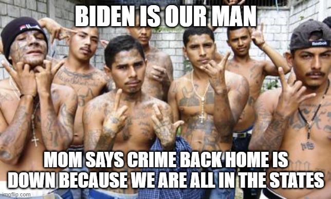 Biden is building a deep south paradise | BIDEN IS OUR MAN; MOM SAYS CRIME BACK HOME IS DOWN BECAUSE WE ARE ALL IN THE STATES | image tagged in ms13,deep south paradise,border invasion,illegal criminals,american's in danger,democrat war on america | made w/ Imgflip meme maker