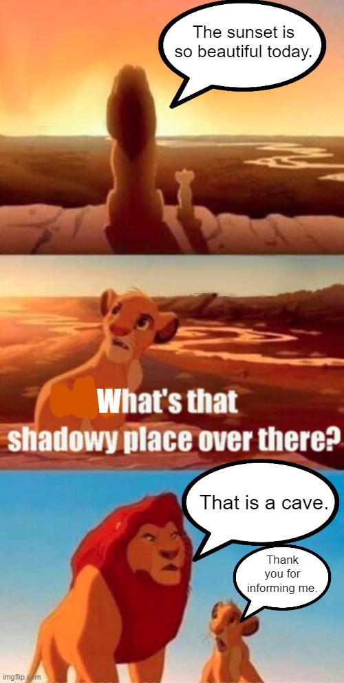 That is a cave | The sunset is so beautiful today. W; That is a cave. Thank you for informing me. | image tagged in memes,simba shadowy place | made w/ Imgflip meme maker