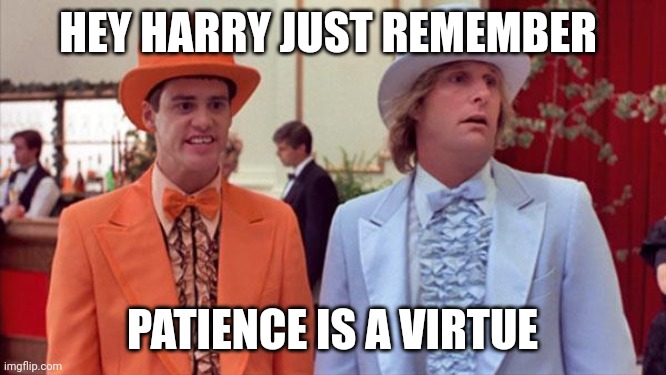 Patience is a Virtue | HEY HARRY JUST REMEMBER; PATIENCE IS A VIRTUE | image tagged in dumb and dumber,funny memes | made w/ Imgflip meme maker