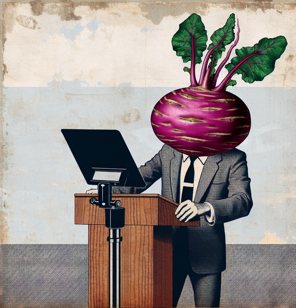 Politician with Vegetable Head Reads from Teleprompter Blank Meme Template