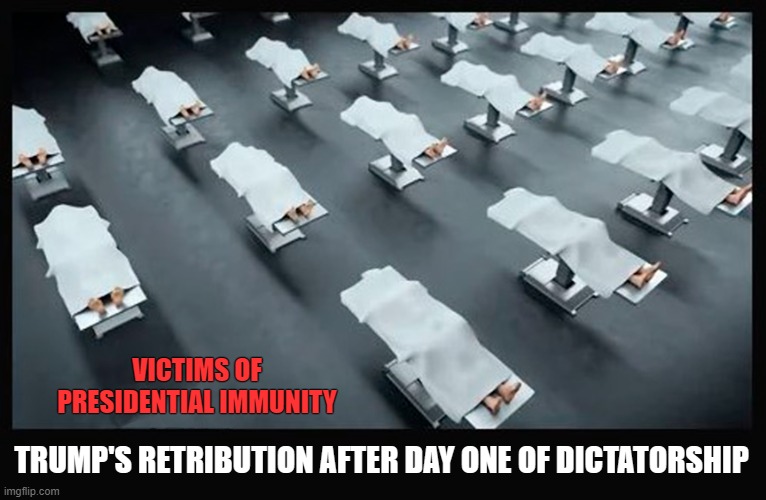 The result of a stacked and corrupt Supreme Court! | VICTIMS OF PRESIDENTIAL IMMUNITY; TRUMP'S RETRIBUTION AFTER DAY ONE OF DICTATORSHIP | image tagged in donald trump,dictator,immunity,corruption,morgue,scotus | made w/ Imgflip meme maker