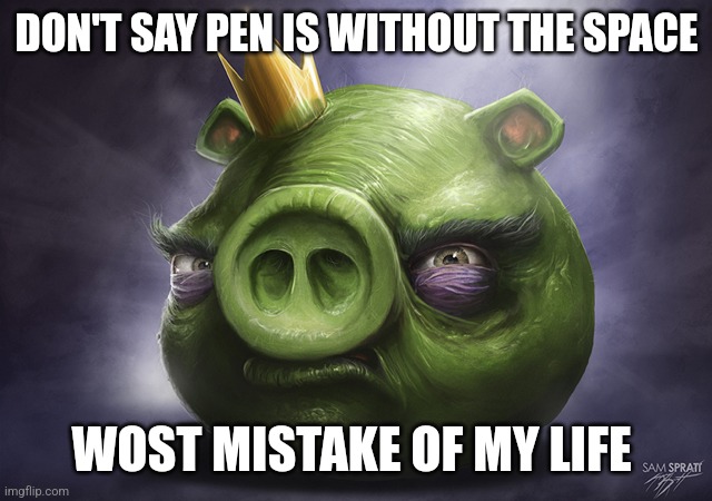 Angry Birds Realistic King Pig | DON'T SAY PEN IS WITHOUT THE SPACE; WOST MISTAKE OF MY LIFE | image tagged in angry birds realistic king pig | made w/ Imgflip meme maker