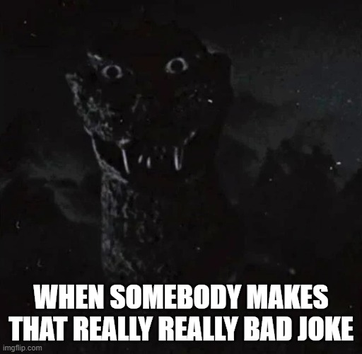 like terrible | WHEN SOMEBODY MAKES THAT REALLY REALLY BAD JOKE | image tagged in godzilla staring,memes | made w/ Imgflip meme maker