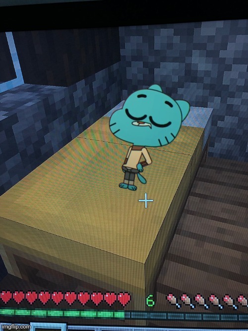 Gumball sleeping in minecraft bed | image tagged in wet bed | made w/ Imgflip meme maker