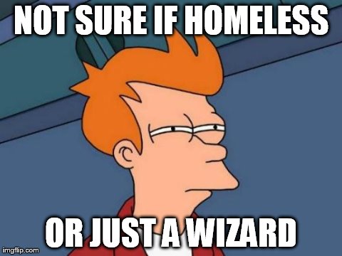 Futurama Fry Meme | NOT SURE IF HOMELESS OR JUST A WIZARD | image tagged in memes,futurama fry | made w/ Imgflip meme maker