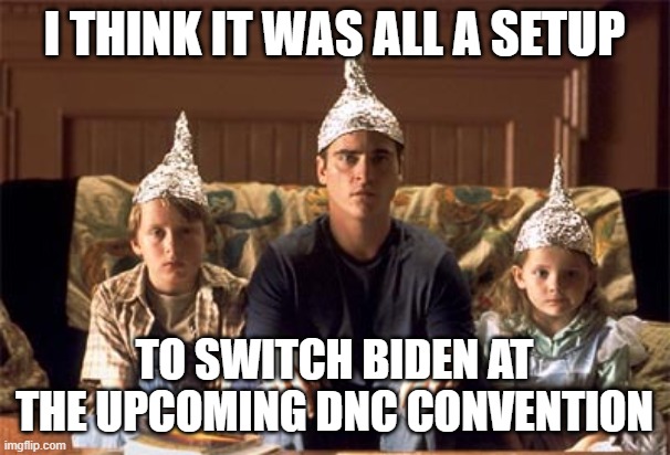 tin foil hats | I THINK IT WAS ALL A SETUP TO SWITCH BIDEN AT THE UPCOMING DNC CONVENTION | image tagged in tin foil hats | made w/ Imgflip meme maker
