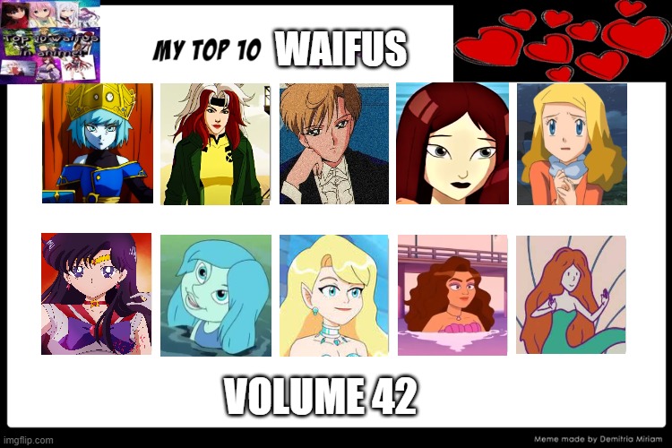 top 10 waifus volume 42 | WAIFUS; VOLUME 42 | image tagged in top 10 waifus,42,mermaid,anime,cartoons,beautiful girl | made w/ Imgflip meme maker