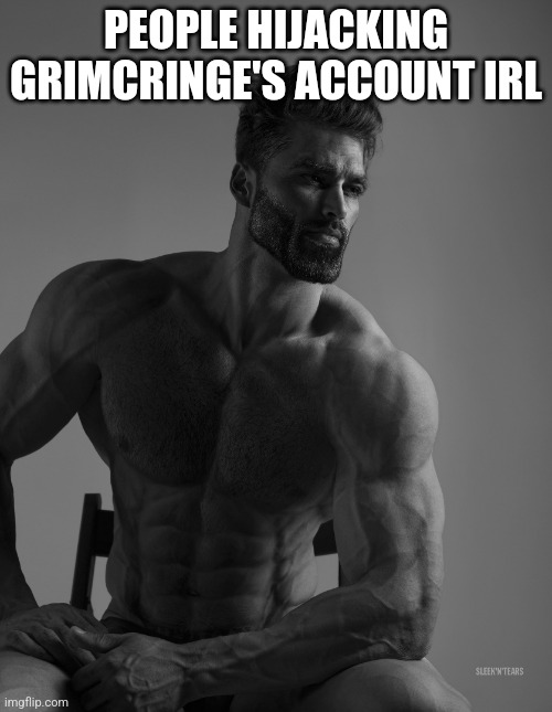 Giga Chad | PEOPLE HIJACKING GRIMCRINGE'S ACCOUNT IRL | image tagged in giga chad | made w/ Imgflip meme maker
