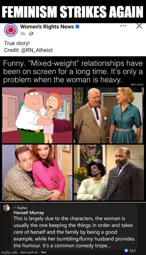 Try having the woman be a fat, silly, borderline pathetic source of humor while the man is all rational | FEMINISM STRIKES AGAIN | image tagged in identity politics,feminism,comments | made w/ Imgflip meme maker