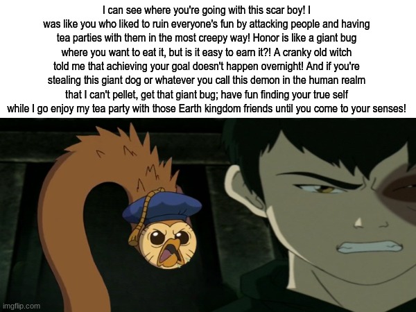 Hooty confronts Zuko | I can see where you're going with this scar boy! I was like you who liked to ruin everyone's fun by attacking people and having tea parties with them in the most creepy way! Honor is like a giant bug where you want to eat it, but is it easy to earn it?! A cranky old witch told me that achieving your goal doesn't happen overnight! And if you're stealing this giant dog or whatever you call this demon in the human realm that I can't pellet, get that giant bug; have fun finding your true self while I go enjoy my tea party with those Earth kingdom friends until you come to your senses! | image tagged in memes,funny,avatar the last airbender,the owl house,cartoon | made w/ Imgflip meme maker