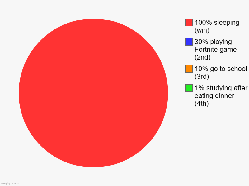 1% studying after eating dinner (4th), 10% go to school (3rd), 30% playing Fortnite game (2nd), 100% sleeping (win) | image tagged in charts,pie charts | made w/ Imgflip chart maker