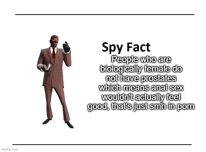 Spy Fact | People who are biologically female do not have prostates which means anal sex wouldn't actually feel good, that's just smh in porn | image tagged in spy fact | made w/ Imgflip meme maker