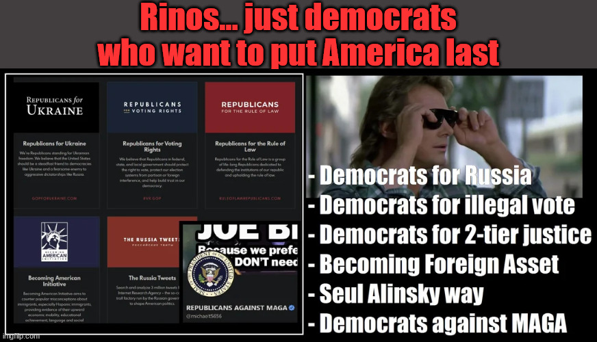 Rinos... no better than democrats...  putting themselves first, country last | Rinos... just democrats who want to put America last | image tagged in rinos,like democrats,hate america | made w/ Imgflip meme maker