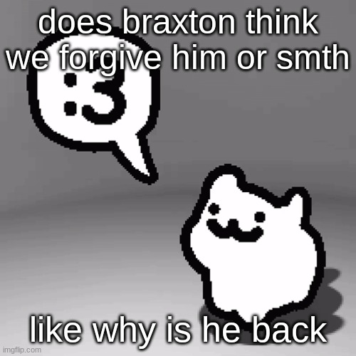 :3 cat | does braxton think we forgive him or smth; like why is he back | image tagged in 3 cat | made w/ Imgflip meme maker