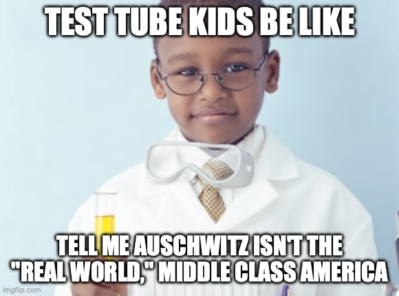 Test Tube Kids | TEST TUBE KIDS BE LIKE; TELL ME AUSCHWITZ ISN'T THE "REAL WORLD," MIDDLE CLASS AMERICA | image tagged in test tube kids,genetic engineering,genetics,genetics humor,science,test tube humor | made w/ Imgflip meme maker