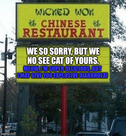 Chinese restaurant | WE SO SORRY, BUT WE
NO SEE CAT OF YOURS. MEOW, I'M SUPER DELICIOUS, BUT I MAY GIVE YOU EXPLOSIVE DIARRHOEA! | image tagged in chinese restaurant | made w/ Imgflip meme maker