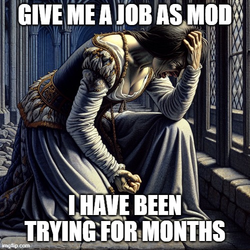 GIVE ME A JOB AS MOD; I HAVE BEEN TRYING FOR MONTHS | made w/ Imgflip meme maker