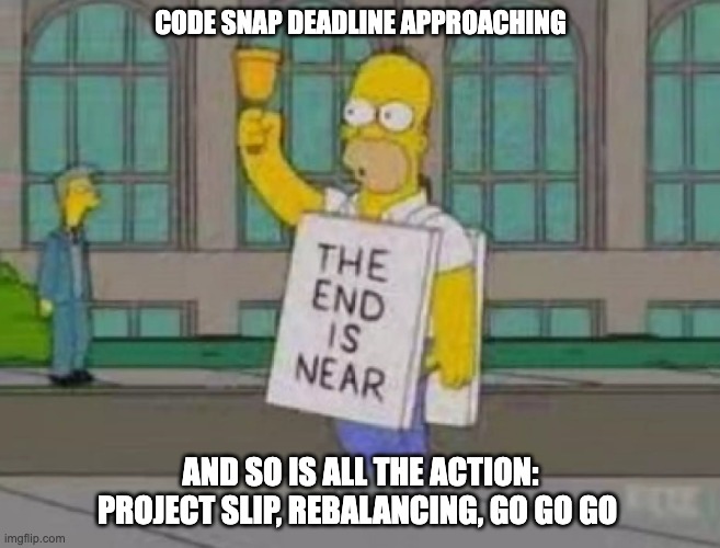 Deadline approaching | CODE SNAP DEADLINE APPROACHING; AND SO IS ALL THE ACTION: PROJECT SLIP, REBALANCING, GO GO GO | image tagged in funny,project | made w/ Imgflip meme maker