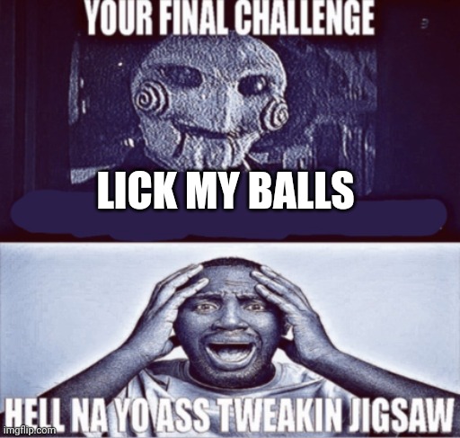 your final challenge | LICK MY BALLS | image tagged in your final challenge | made w/ Imgflip meme maker
