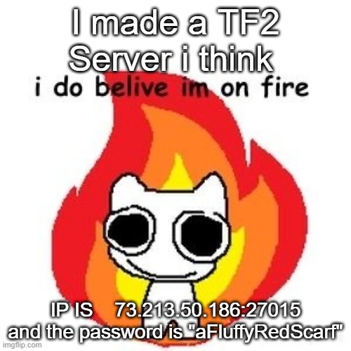 lemme know if it works | I made a TF2 Server i think; IP IS    73.213.50.186:27015

and the password is "aFluffyRedScarf" | image tagged in mmmm diagnosed adhd | made w/ Imgflip meme maker