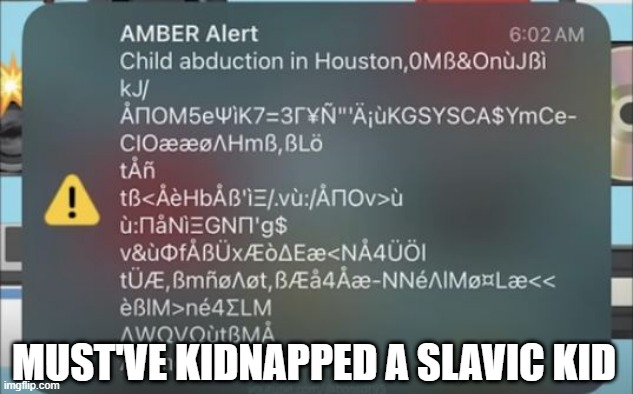 Amber Alert | MUST'VE KIDNAPPED A SLAVIC KID | image tagged in you had one job | made w/ Imgflip meme maker