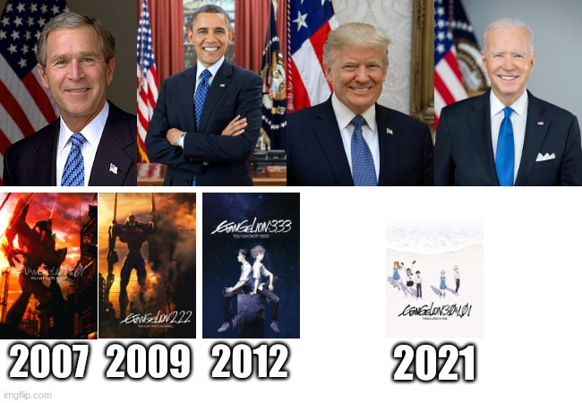 It took four presidents to finish it, but they finally did | 2007; 2009; 2012; 2021 | image tagged in neon genesis evangelion,evangelion,rebuild of evangelion,president,shinji ikari,asuka langley soryu | made w/ Imgflip meme maker