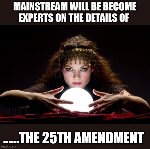 Newsom......we're going to see a lot more of his opinions.....everywhere | MAINSTREAM WILL BE BECOME EXPERTS ON THE DETAILS OF; ......THE 25TH AMENDMENT | image tagged in fortune teller | made w/ Imgflip meme maker