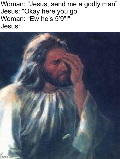 jesus facepalm | Woman: “Jesus, send me a godly man”
Jesus: “Okay here you go”
Woman: “Ew he’s 5’9”!”
Jesus: | image tagged in jesus facepalm | made w/ Imgflip meme maker