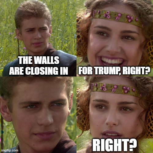 He's a Biden His Time | THE WALLS ARE CLOSING IN; FOR TRUMP, RIGHT? RIGHT? | image tagged in anakin padme 4 panel | made w/ Imgflip meme maker