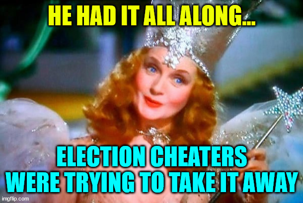 Glinda the Good Witch | HE HAD IT ALL ALONG... ELECTION CHEATERS WERE TRYING TO TAKE IT AWAY | image tagged in glinda the good witch | made w/ Imgflip meme maker