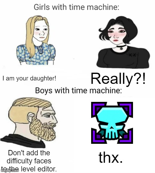 It's annoying ngl. | I am your daughter! Really?! thx. Don't add the difficulty faces to the level editor. | image tagged in time machine,geometry dash difficulty faces | made w/ Imgflip meme maker