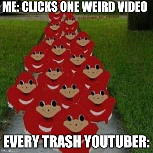 Ugandan knuckles army | ME: CLICKS ONE WEIRD VIDEO; EVERY TRASH YOUTUBER: | image tagged in ugandan knuckles army,fake,fake mrbeast,gifs,memes,youtubers | made w/ Imgflip meme maker