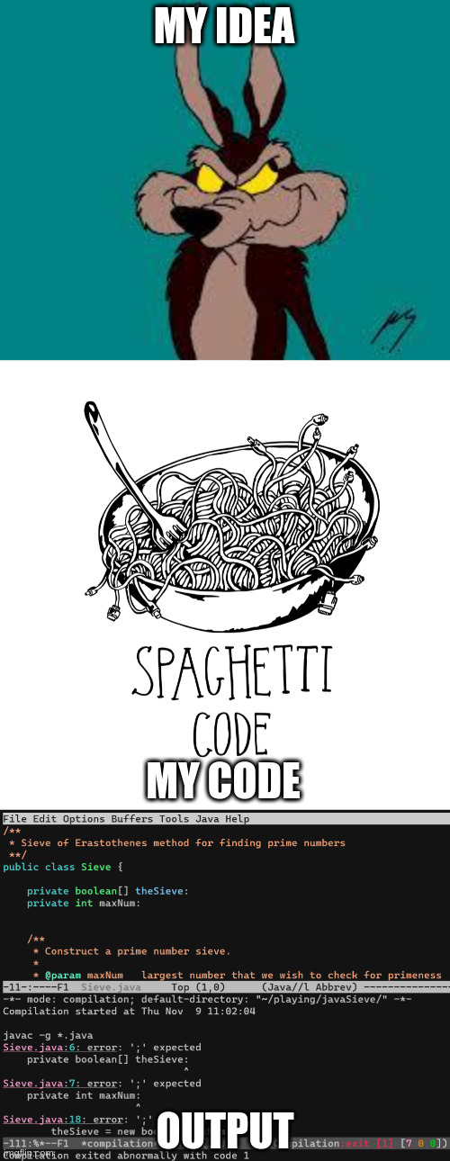 idea | MY IDEA; MY CODE; OUTPUT | image tagged in wiley c coyote idea | made w/ Imgflip meme maker