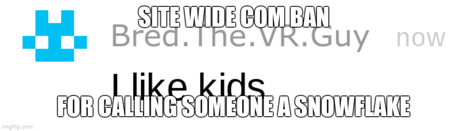 i like kids | SITE WIDE COM BAN; FOR CALLING SOMEONE A SNOWFLAKE | image tagged in i like kids | made w/ Imgflip meme maker