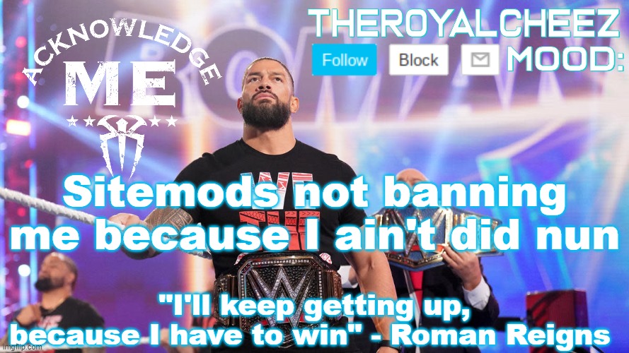 Cheez's Roman Reigns Temp V3 | Sitemods not banning me because I ain't did nun | image tagged in cheez's roman reigns temp v3 | made w/ Imgflip meme maker