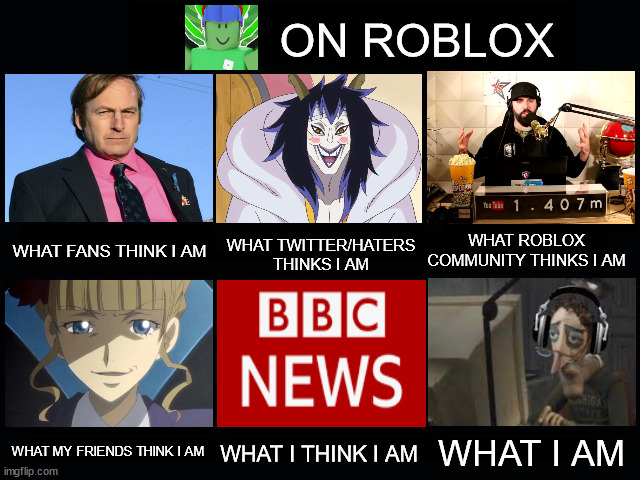 Parlo on Roblox be like | ON ROBLOX; WHAT FANS THINK I AM; WHAT ROBLOX COMMUNITY THINKS I AM; WHAT TWITTER/HATERS THINKS I AM; WHAT MY FRIENDS THINK I AM; WHAT I AM; WHAT I THINK I AM | image tagged in what my friends think i do | made w/ Imgflip meme maker