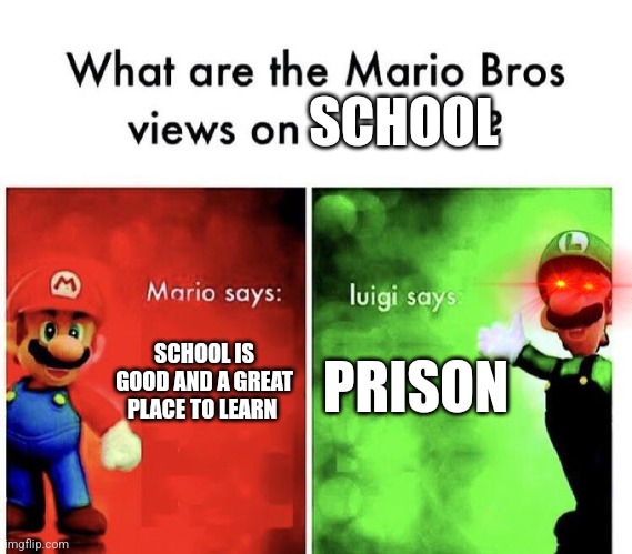 Mario Bros Views | SCHOOL; PRISON; SCHOOL IS GOOD AND A GREAT PLACE TO LEARN | image tagged in mario bros views | made w/ Imgflip meme maker