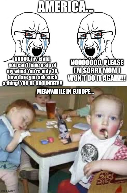 America Vs Europe | AMERICA…; NOOOO, my child, you can’t have a sip of my wine! You’re only 20, how dare you ask such a thing! YOU’RE GROUNDED!!! NOOOOOOO, PLEASE I’M SORRY MOM I WON’T DO IT AGAIN!!! MEANWHILE IN EUROPE… | image tagged in virgin vs virgin | made w/ Imgflip meme maker