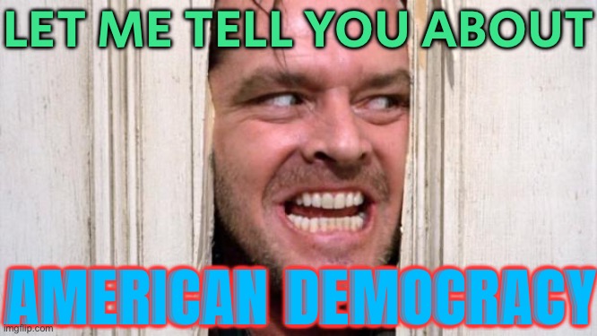 Let Me Tell You About American Democracy | LET ME TELL YOU ABOUT; AMERICAN DEMOCRACY | image tagged in the shining,i love democracy,democracy,democratic socialism,democrats,scumbag america | made w/ Imgflip meme maker